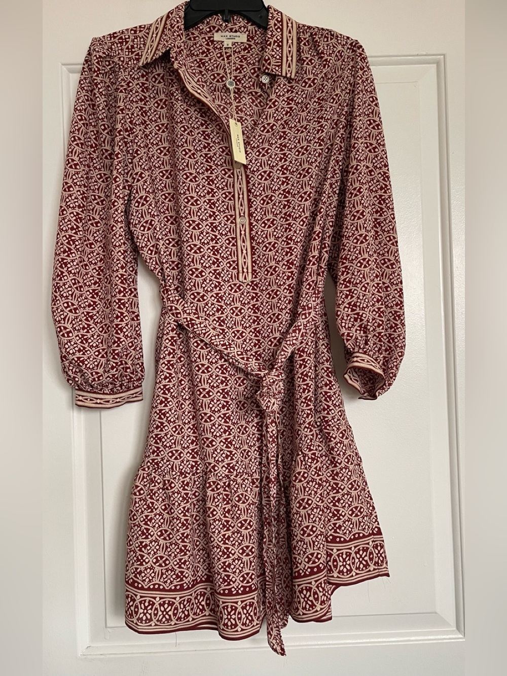 Printed Long Sleeve Shirt Dress with Waist Tie